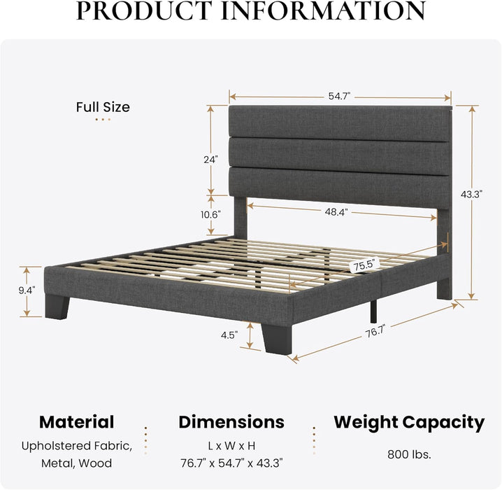 Full Platform Bed Frame with Upholstered Fabric Headboard, Mattress Foundation with Strong Wooden Slats Support, No Box Spring Needed, Grey
