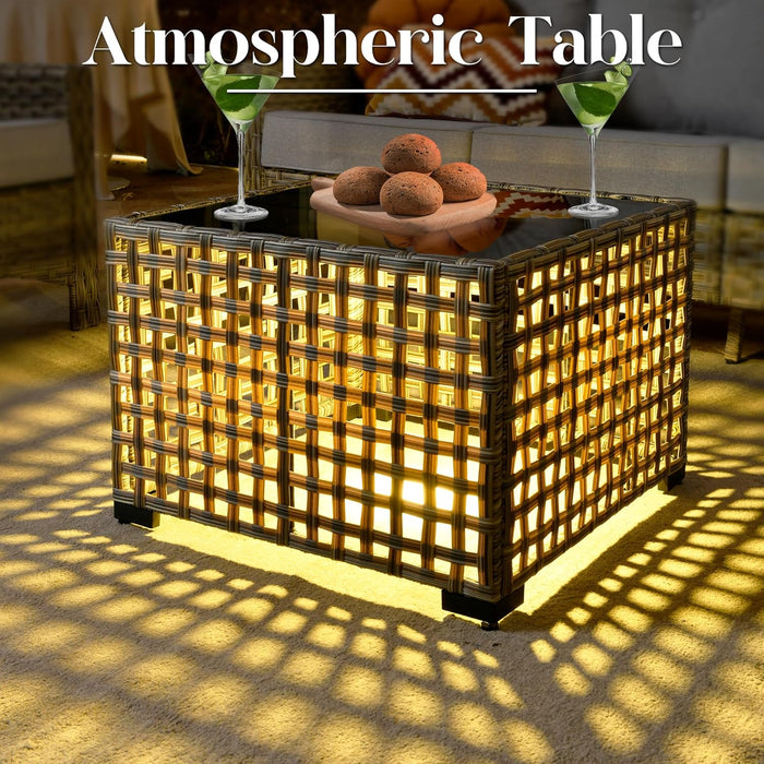 Patio Furniture,All Weather Wicker 5 PCS Outdoor Sofa with High Back Swivel Rocker Chairs,Conversation Set with Solar Powered Coffee Table,Grey Rattan Light Blue Cushion