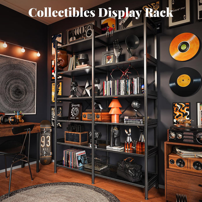6 Tier Bookshelf with 12 Open Shelves and Raised Baffle, Black