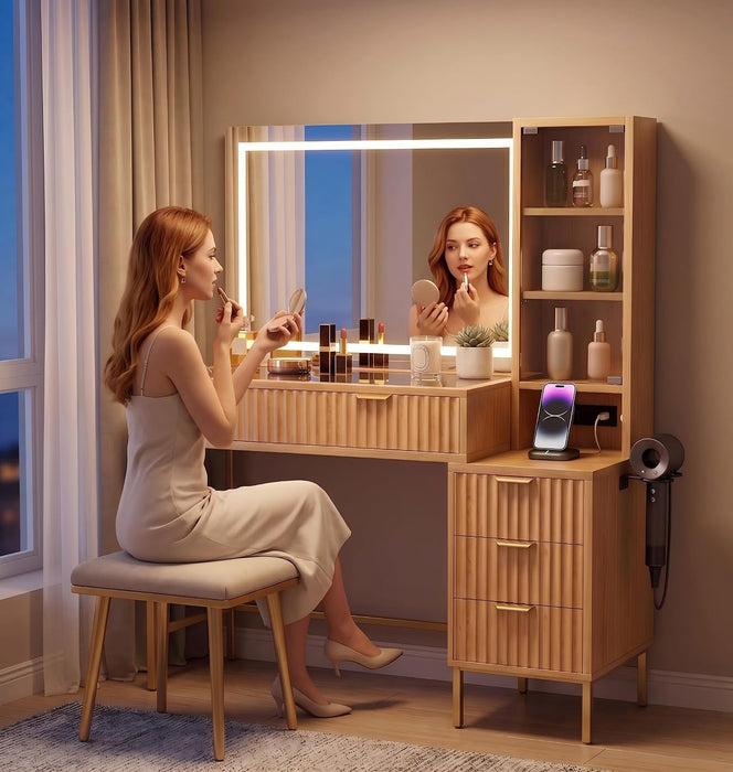 48" Makeup Vanity Desk with Mirror & Lights, Glass Top Table for Bedroom | Wooden Vanity Table, 5 Drawers, 3 Adjustable Shelves, Built-In Charging Station, 3 Color Lighting Modes, Bedroom Dressing