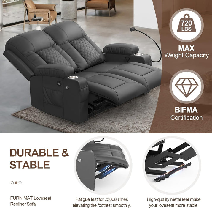Loveseat Recliner Sofa, 2 Seater Reclining Loveseat Sofa, PU Leather RV Loveseat Couch, Modern Recliner Chair for Living Room, with Cup Holder and 2 Cell Phone Holder, USB Ports, Gray