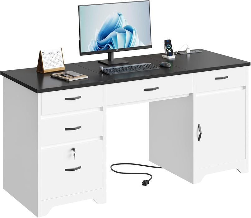 59” Office Desk with Lockable Drawers, Modern Computer Desk with File Drawer, Charging Station & Drop-Front Keyboard Drawer, Executive Desk with Storage Cabinet for Home Office & Studio, White