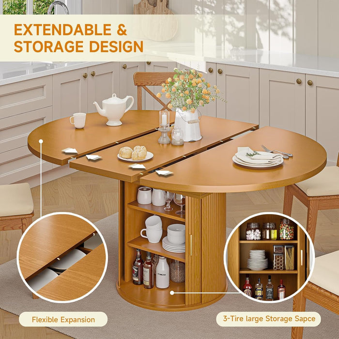 47"-63" Extendable round Dining Table for 4–8 with Storage, Mid Century Modern Farmhouse Wood Oval Dinner Table with Pedestal Base for Kitchen, Living Room (Yellow Walnut)