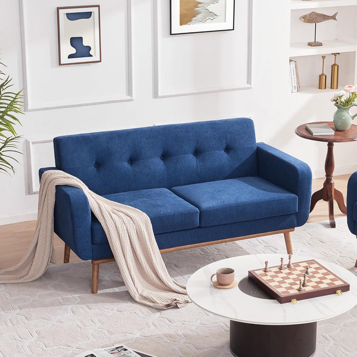 Dark Blue Mid-Century Loveseat: Solid Wood Frame, Button-Tufted