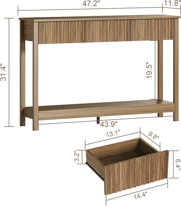 47" Console Table with Drawers, Fluted Narrow Entryway Table with Open Shelf, Farmhouse Sofa Table behind Couch for Hallway, Living Room, Brown