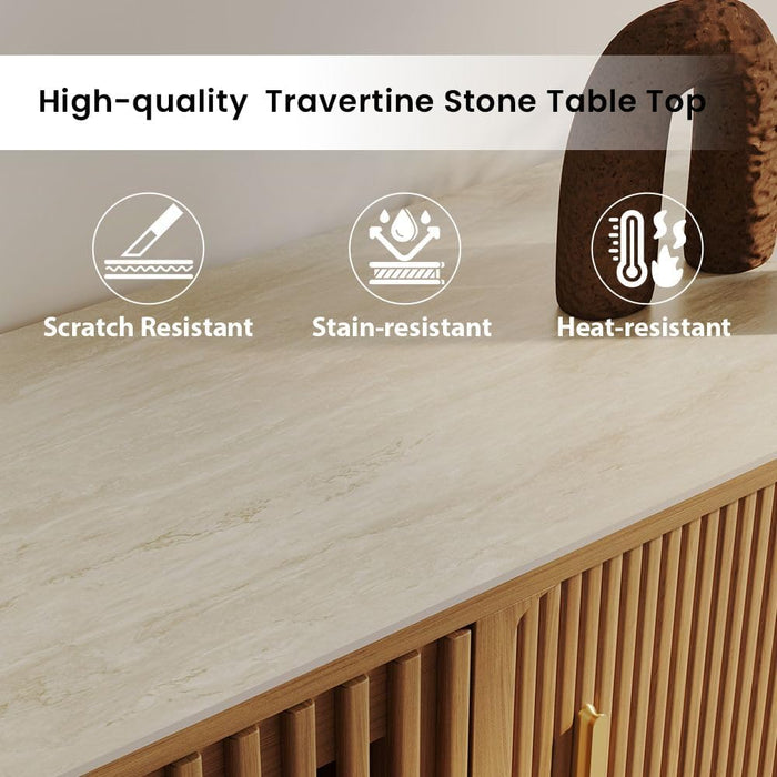 Fully-Assembled Mid Century Modern Black TV Stand with White Matte Travertine Stone Tabletop & LED Lights, Rolling Door Media Console, Wood TV Console for Living Room