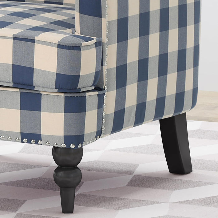Luxurious Upholstered Blue Checkerboard Club Chair