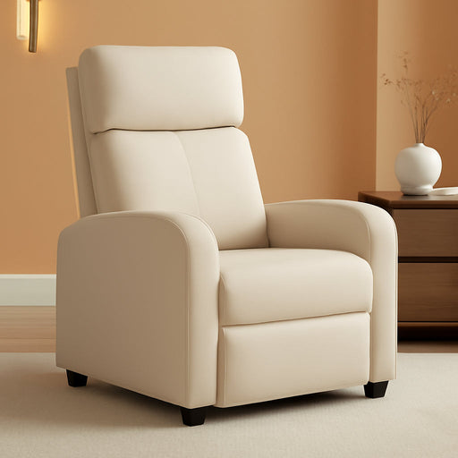 Recliner Chair Single Reclining Sofa Home Theater Seating with Lumbar Support and Padded Backrest for Living Room and Bedroom (Leather, Beige)