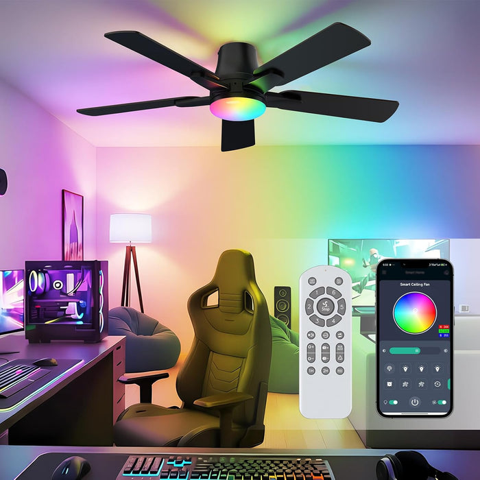 42" RGB Ceiling Fans with Lights, Low Profile Ceiling Fan with Light, RGB+3CCT 6 Wind Speeds, App & Remote Control, Flush Mount LED Fan Light, Fandelier Ceiling Fan for Bedroom, Living Room