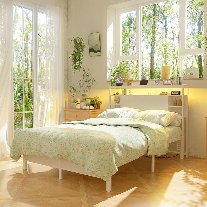 Full Size Headboard with Storage, Headboard with Outlet and RGB LED Light, Sturdy Head Board for Full Size Bed, Stable Headboards Only for Bedroom, Dorm Room, Guest Room, White