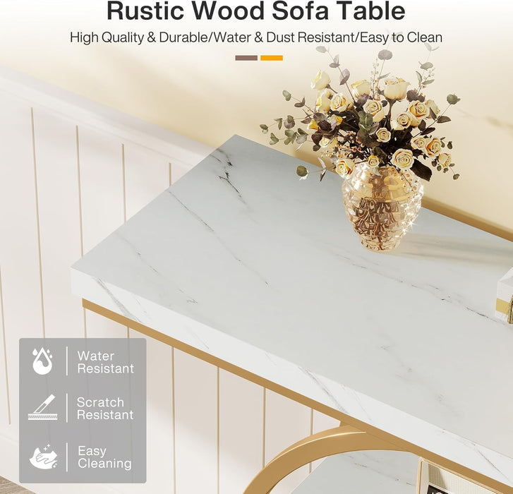 41.3" Console Table, Industrial 4-Tier Sofa Entryway Table with Circle Base, Narrow Wood Accent Tables with Storage Shelves for Living Room, Hallway, Foyer, White Gold