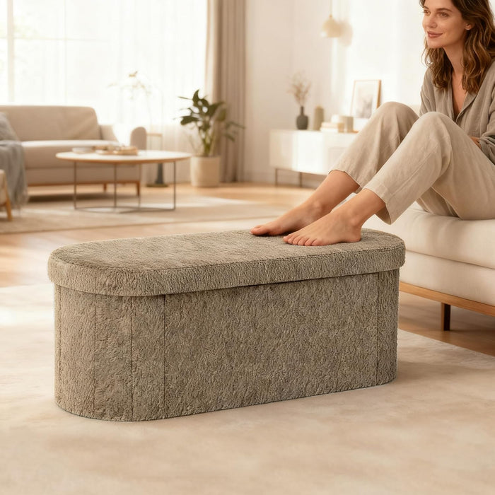 Oval Storage Ottoman Bench, Sherpa Foot Rest, 43 Inch Folding Ottoman for Living Room, Bedroom Storage Chest, Brown