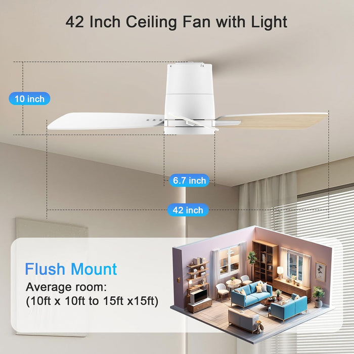 Ceiling Fans with Lights,42 Inch,Quiet Reversible Motor,Easy to Install,6 Speeds,3Cct,Timer, White Modern Ceiling Fan for Living Room, Bedroom, Kitchen, Dining Room, Office