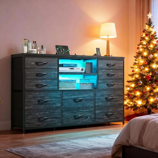 12 Drawers Dresser for Bedroom with LED Lights & Charging Station,Tv Stand for 55-60 Inch Tv,Fabric Dressers & Chests of Drawers with 3 Wooden Shelves for Hallway,Black Wood Grain