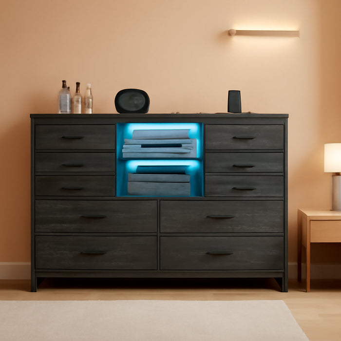 dresser with led Modern TV Stand Lights & Charging Station, Floating Top Sideboard Cabinet with 6 Drawers - Bed Bath & Beyond supported by four thick wooden legs Lorient 8-Drawer LED Bedroom Flame