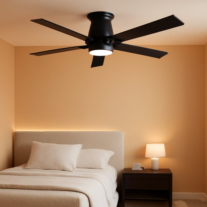 52" Flush Mount Low Profile Ceiling Fan, Black,6 Speeds DC Reversible Motor,Timing, Dimmable for Indoor, Patio,Porch, Garage, Shop