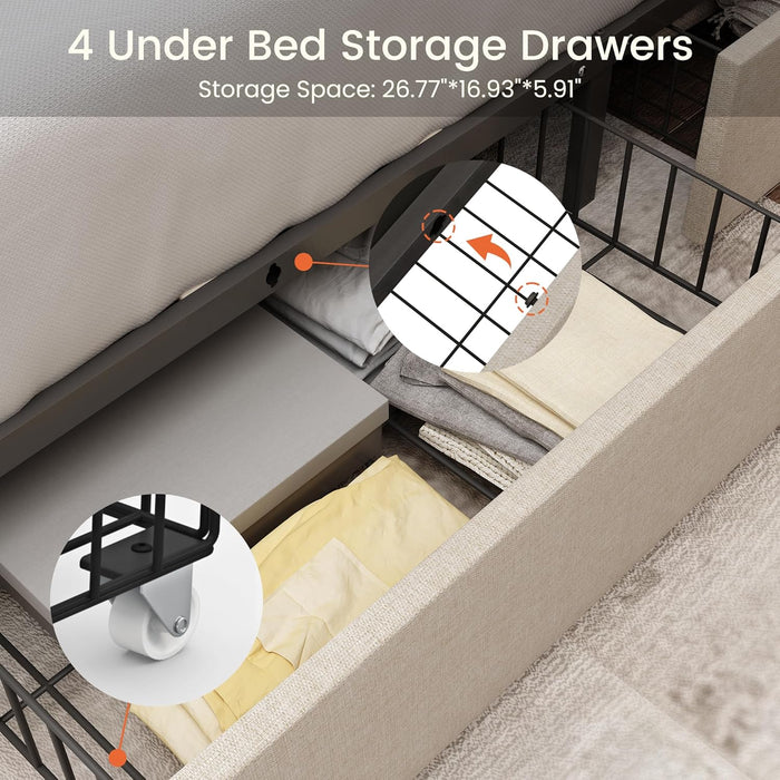 Queen Size Bed Frame with 4 Storage Drawers and Tufted Headboard Linen Upholstered Platform Bed Frame with Heavy Duty Wood Slats, No Box Spring Needed, Easy Assembly, Beige