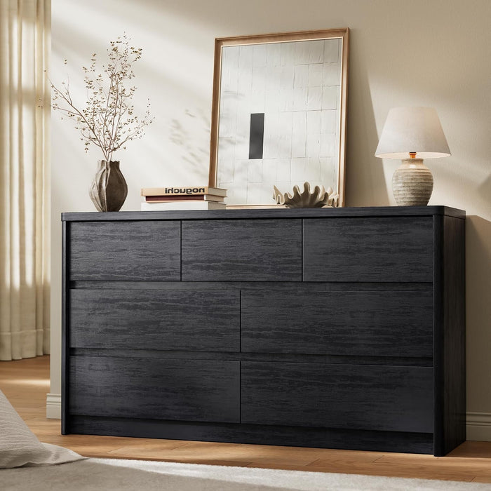 Modern 7 Drawers Dresser for Bedroom, 55" Wide Bedroom Dressers & Chest of Drawers W/Curved Profile, Mid Century Wood Dressers with Handleless Design, Large Dresser for Bedroom Living Room