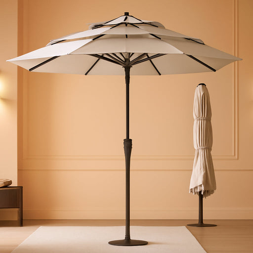 10Ft 3-Tier Patio Umbrella with 32 Solar Powered LED Lights, Windproof Outdoor Market Umbrella for Deck, Poolside & Garden, Sturdy Push-Button Tilt Table Umbrella, Beige