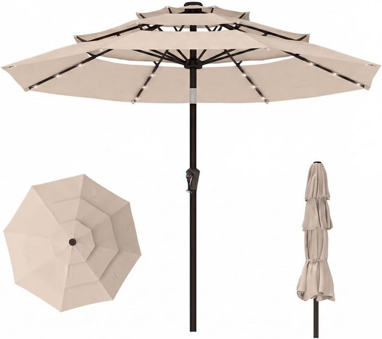 10Ft 3-Tier Patio Umbrella with 32 Solar Powered LED Lights, Windproof Outdoor Market Umbrella for Deck, Poolside & Garden, Sturdy Push-Button Tilt Table Umbrella, Beige