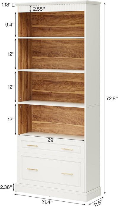 5-Shelf Bookcase with File Cabinet Drawer, 72" Tall Bookshelf, Modern Free-Standing Wood Bookcase, Large Open Display Storage Book Shelf for Living Room (1, White)