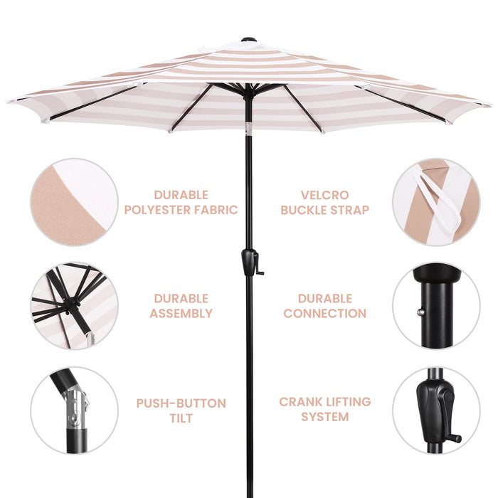 9 FT Patio Umbrella W/ Push Button Tilt and Crank Outdoor Umbrella, 8 Sturdy Ribs, UV Protection, Solution-Dyed Fabric, Beige and White Stripe