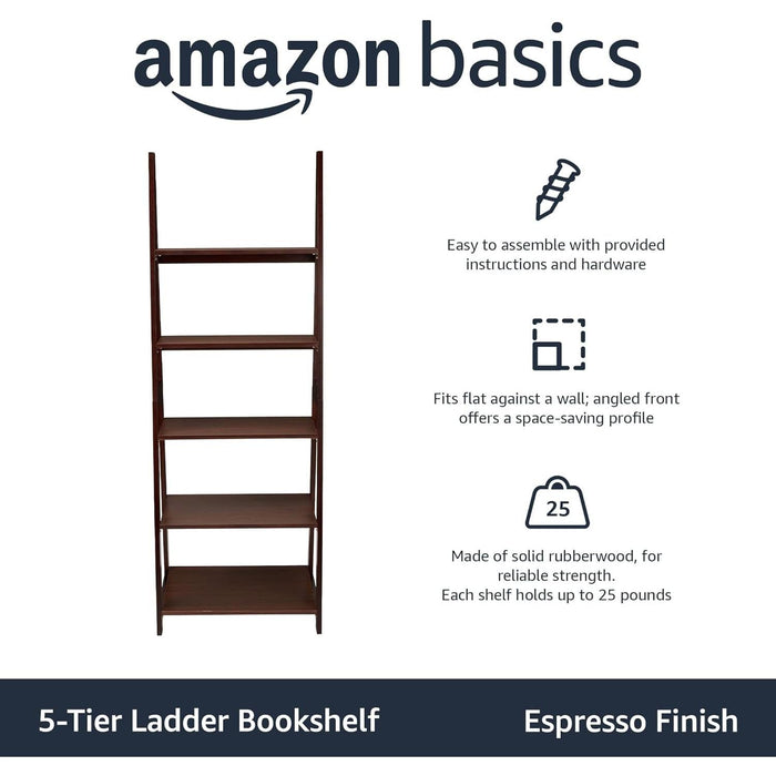 Ladder Bookshelf Organizer, Solid Rubberwood Frame, Espresso Finish, 14" D X 24.8" W X 70.1" H
