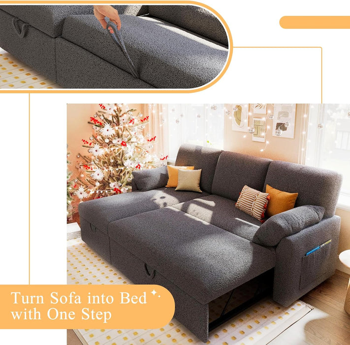 Grey Boucle Upholstered Convertible Sofa Bed Storage
