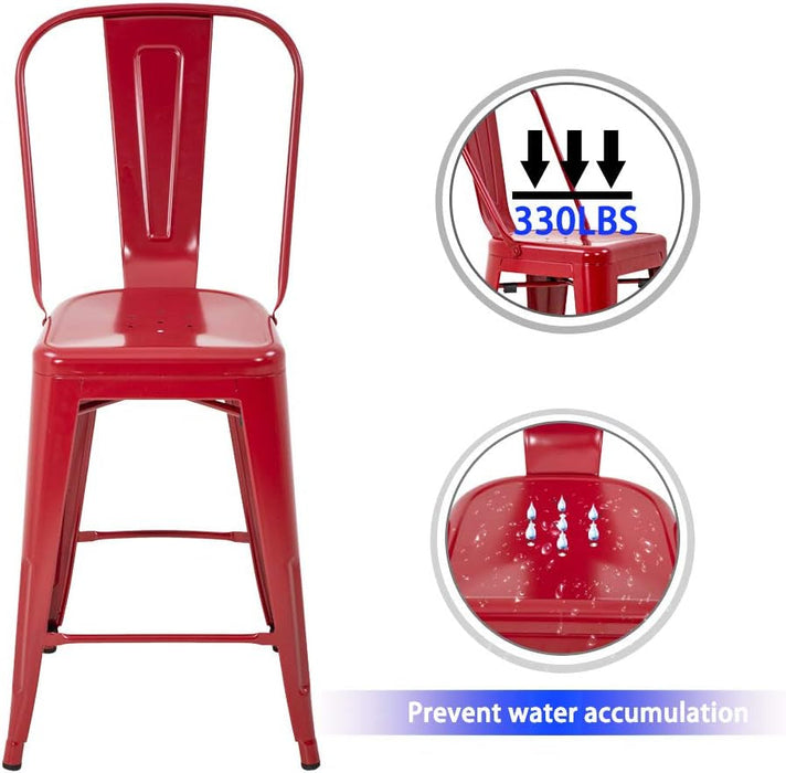 24 Inches Bar Stool Set of 4 Counter Height Barstool with Back Seat Height Industrial Bar Chairs Indoor Outdoor Metal Bar Stool Kitchen Stools Restaurant Patio Stool Stackable Modern Kitchen Stool