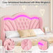 Full Bed Frame with LED Lights and 2 Storage Drawers, Velvet Upholstered Platform with 47" Tall Arc-Shaped Wingback Headboard and Button Tufted Design, No Box Spring Needed, Noise-Free, Pink