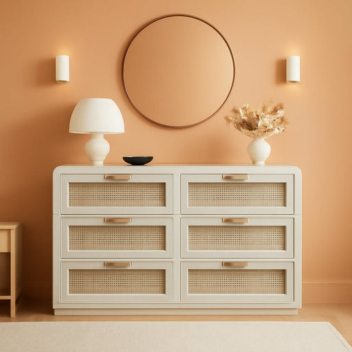 Rattan 6 Drawer Dresser for Bedroom, Grey White