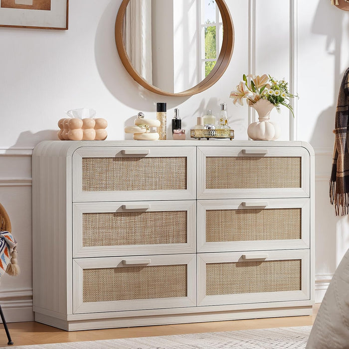Rattan 6 Drawer Dresser for Bedroom, Grey White