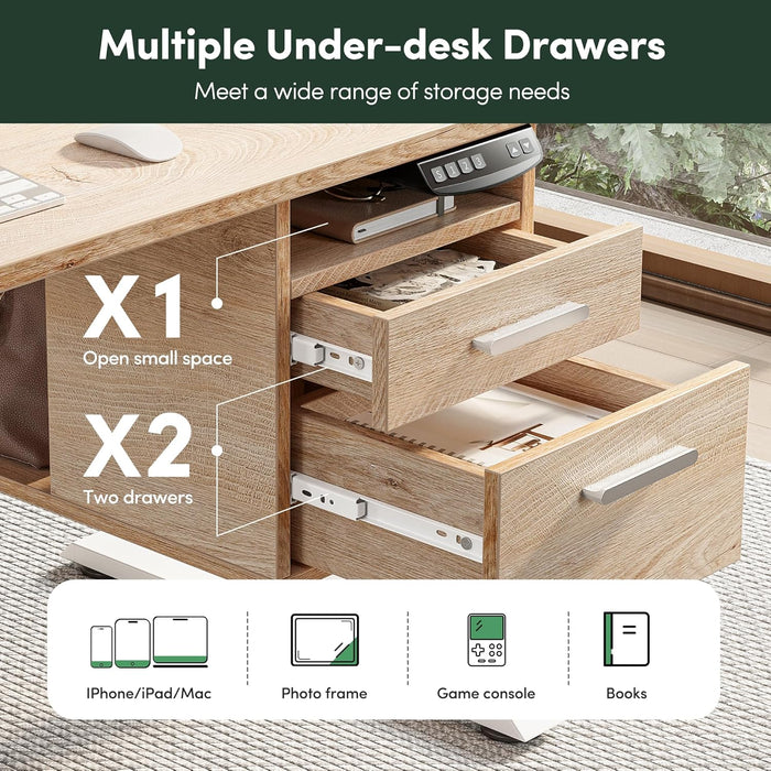 Electric Standing Desk 48 X 24 Inch with Monitor Shelf, 3 Drawers and Open Storage, Home Office Computer Workstation, Pure Maple, 2 Packages