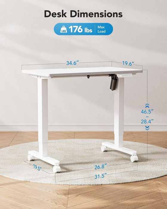 Electric Small Standing Desk, 35" X 20" Whole Piece Desktop, Adjustable Height Computer Desk, 4 Height Memory Settings, Sit Stand up Desk for Home Office, White