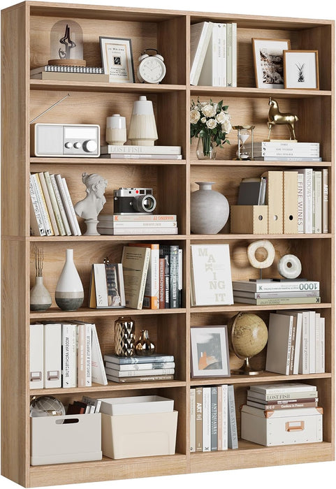 Bookshelf and Bookcase, 6-Tier Double Wide Bookshelves,Freestanding Display Storage Shelves, Tall Bookcases for Home Decor Bedroom, Living Room, Home Office, Light Oak