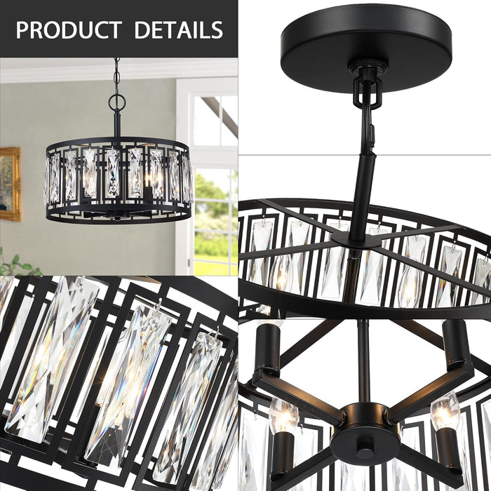 Matte Black Crystal Chandelier Featuring Four Lights