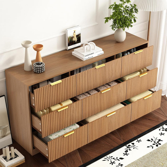 9 Drawer Dresser for Bedroom with Deep Drawers, 63" Wide Wood Dresser, Large Floor Chest of Drawers, Modern Long TV Stand, Mid Century Storage Cabinet Side Table, Natural