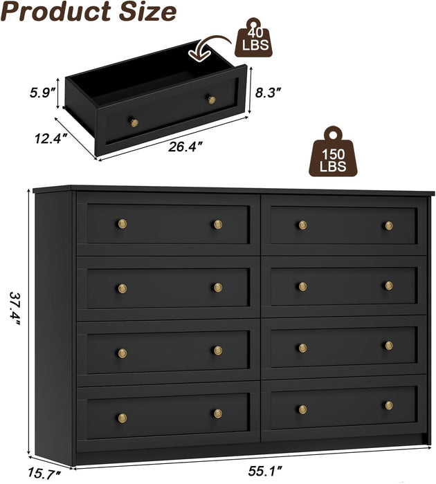 8 Drawer Double Dresser for Bedroom, 55.1" Wide Black Dressers & Chests of Drawers with Large Capacity Storage,White Dresser for Bedroom, Hallway