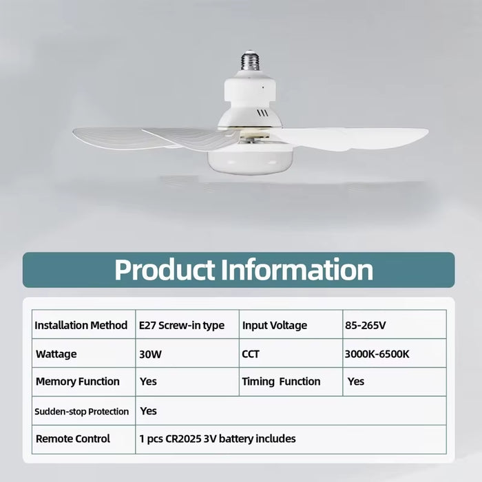 LED 30W Ceiling Fan Light E27 with Remote Dimming Function Suitable for Living Room Study and Home Use 85-265V