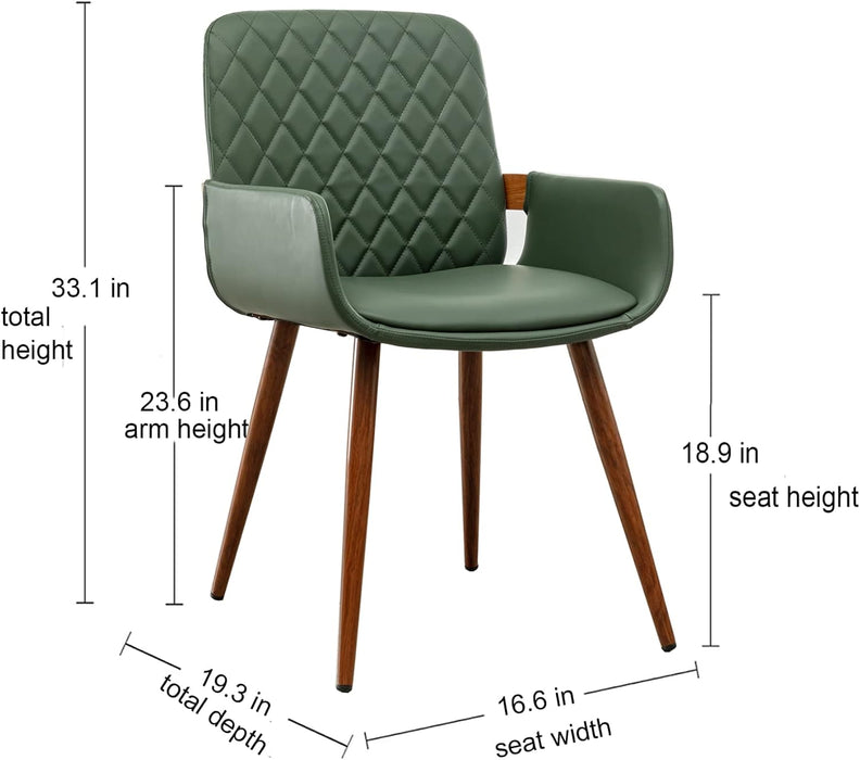 Mid Century Modern Faux Leather Dining Chairs Set of 2, Green, Upholstered Seat, Metal Legs, Adjustable Foot for Kitchen Dining Room Desk Chairs