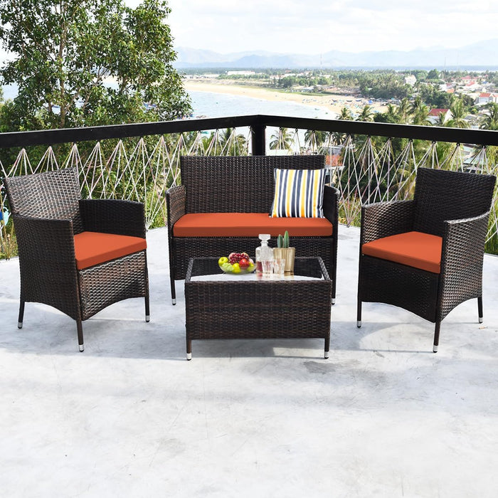 4-Piece Rattan Patio Set, Outdoor/Indoor Wicker Conversation Set for Pool, Backyard, Lawn, Wicker Chairs and Sofa with Soft Cushion, Rattan Furniture with Tempered Glass Coffee Table