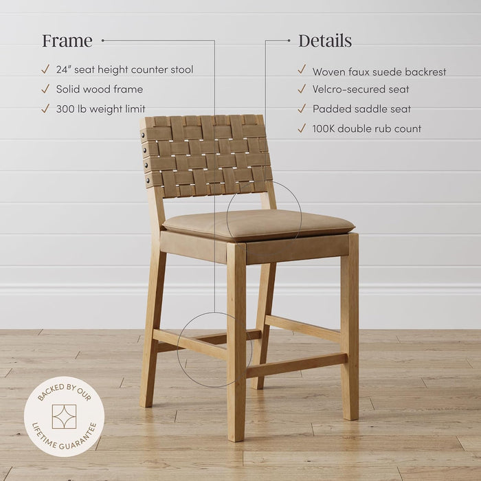 Nathan James Cohen Mid-Century Modern Leather Bar Stool, Counter Height Chair in Solid Wood Frame with Footrest and Woven Leather Back for Kitchen, Natural Brown, 1 Count, Barstool - 24"