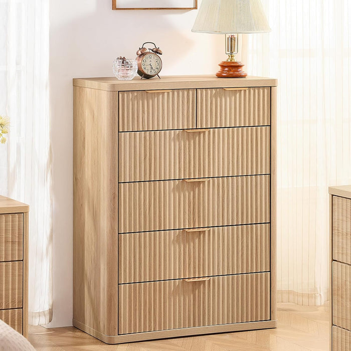Fluted 6 Drawers Dresser for Bedroom, 42" Tall Modern Chest of Drawers with Metal Handle, Curved Profile Design,Natural Wood Drawer Organizer for Bedroom, Living Room, Hallway, Entryway