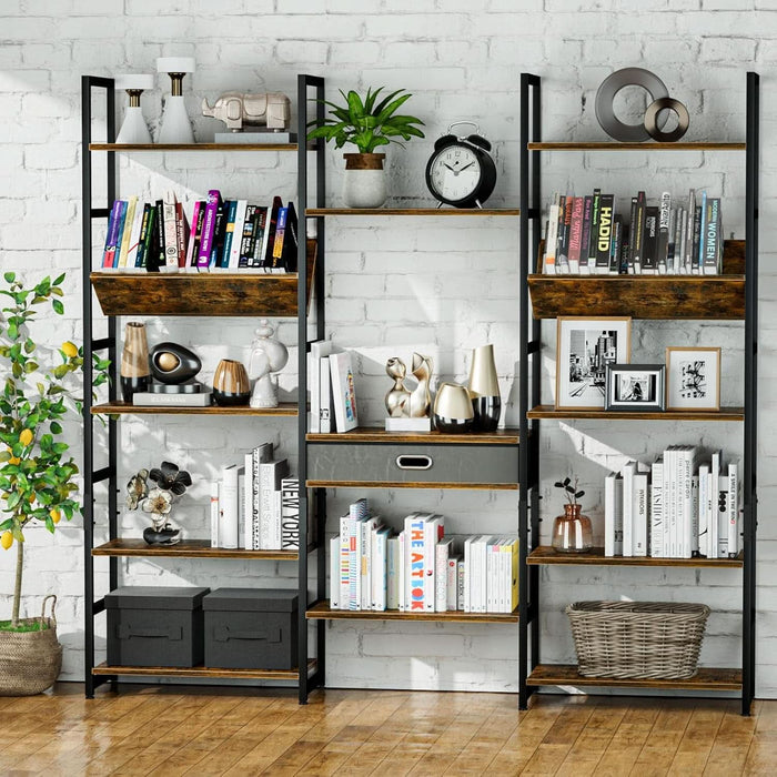 Triple Wide 5 Tier Bookshelf, Adjustable Rustic Industrial Style Book Shelves, Modern Bookcases and Bookshelves Furniture for Bedroom, Living Room and Home Office, Vintage Brown