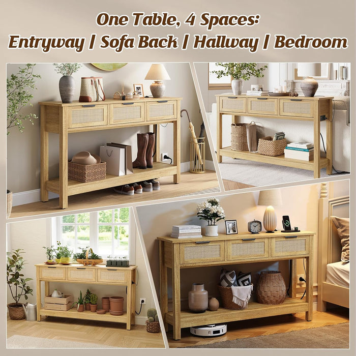 Rattan Entryway Table with 4-Port Charging Station (2 AC Outlets + USB/USB-C), 3 Drawers Storage & Open Shelf, behind Couch Console Sofa Table for Hallway, Foyer - Natural Weave & Oak, 47 Inch