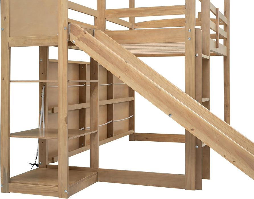 Twin EngineeredWood Loft Bed With Slide StorageShelves