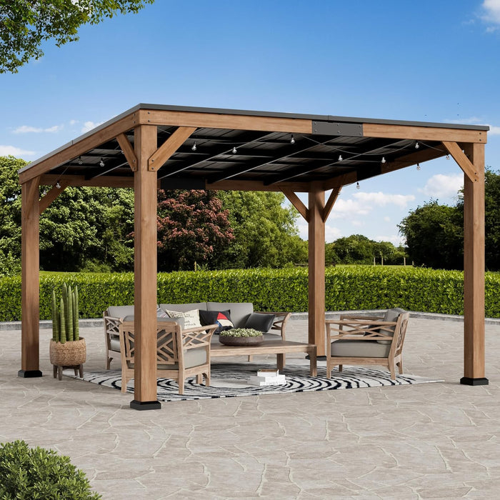 Modern Shade Supreme Cedar Wood Gazebo 10' X 12' with Hardtop Slope Roof, Wooden Carport with Durable and Rot-Resistant, Hardtop Gazebo with Supports Snow Loads and High Wind Speeds for Backyard