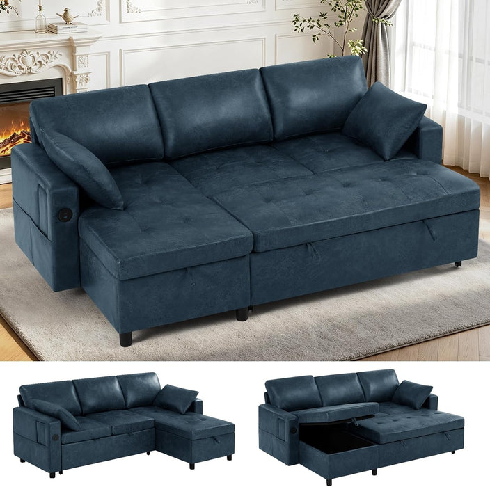 84” Suede Leather Pull-Out Sofa Bed W/Adjustable Back, Blue