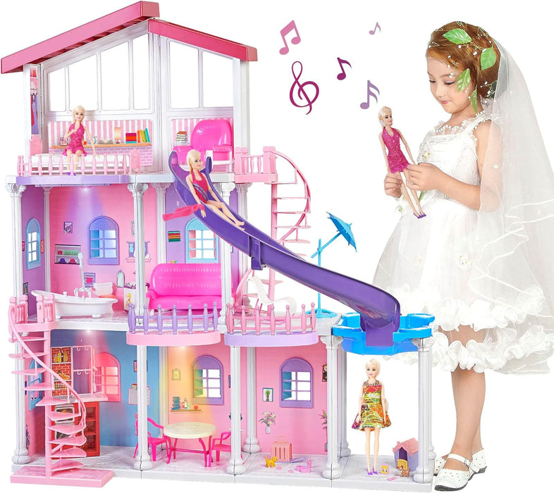 2024 Dream Doll House, 47'' ABS Plastic Large Dollhouse, Playhouse with 15+Furniture, Pool, Slide, W/Lights&Music, Princess Play House Toys Gifts for Girls Kids Ages 3 to 12 Year Olds