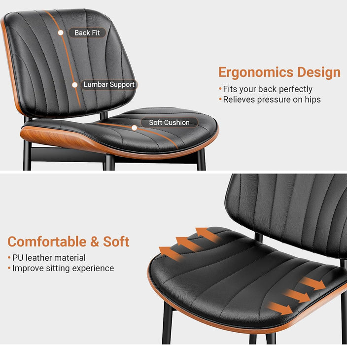 Dining Chairs Set of 2, Dining Room and Kitchen Chairs, FSC Certified Mid Century Modern Accent Chair, Upholstered PU Leather Chairs for Vanity with Walnut Bentwood and Metal Legs, Black